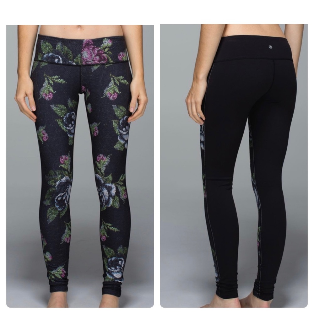 lululemon athletica Black Floral Leggings with Pink & Green Accents